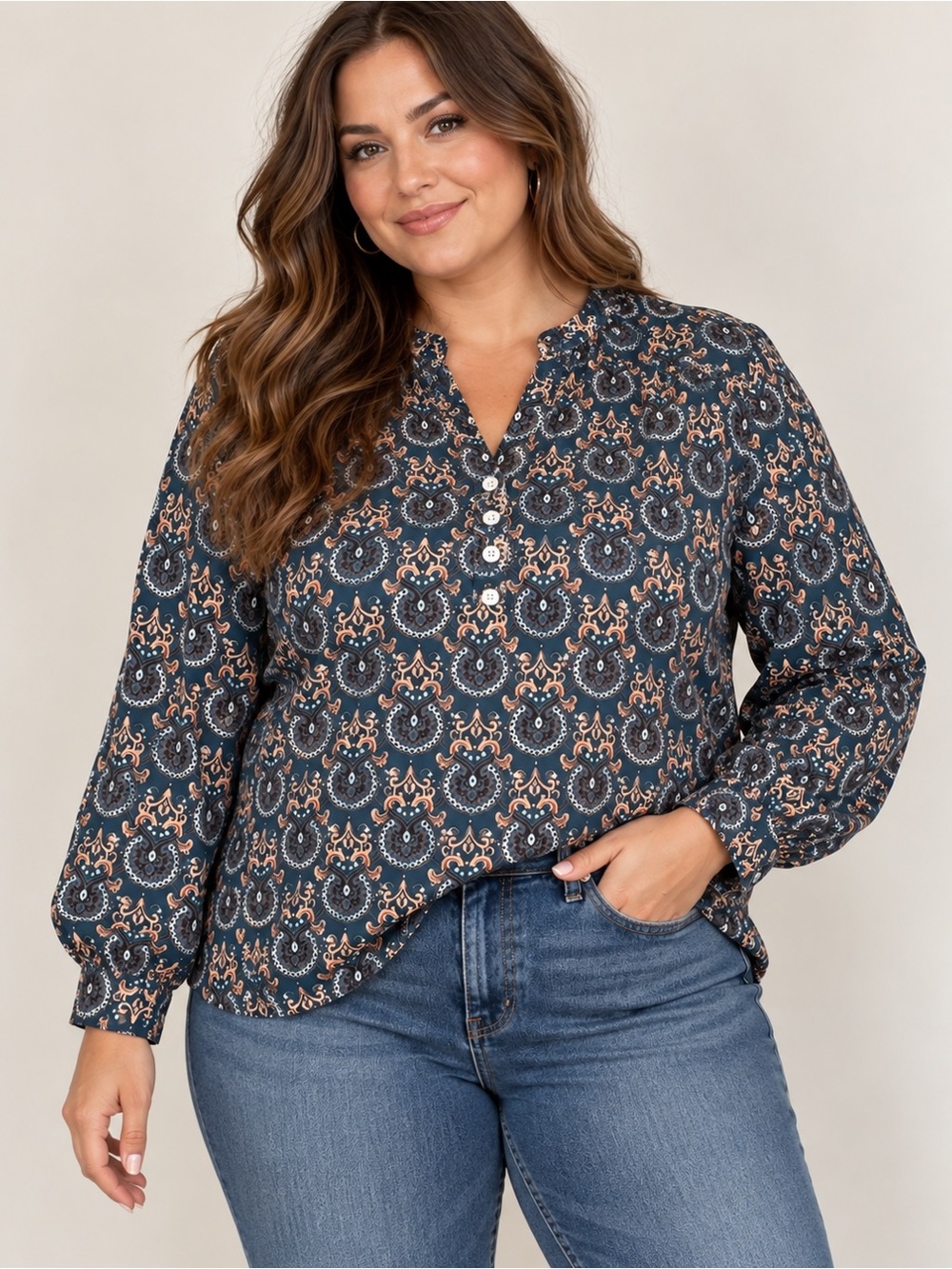 Misslook 2X Paisley Print Blouse Navy Boho Long Sleeve Button Front Top